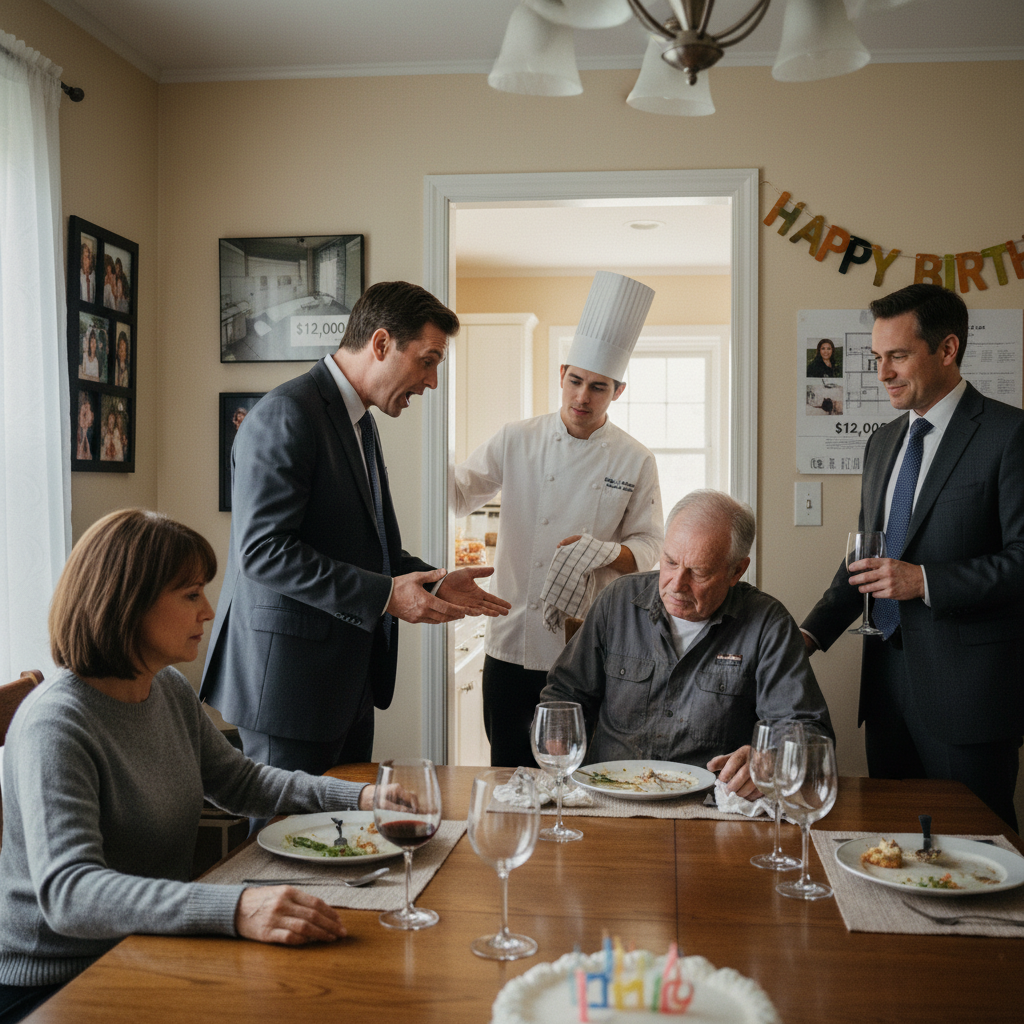 I Spent $12,000 Of My Savings To Renovate My In-laws’ Bathroom, Yet My Husband Just Kicked My Father Out Of His Own Birthday Dinner. He Called My Dad A “Grease Monkey” To Impress His Boss. Then, My Brother Walked Out Of The Kitchen In A Chef’s Coat.