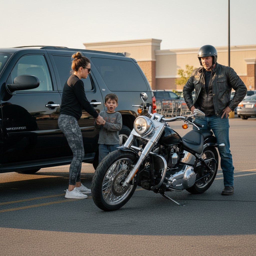 I Was Shopping At Walmart When I Saw A Rich Woman Dragging A Scruffy Child To Her Suv. The Little Boy Looked At Me And Mouthed Four Terrifying Words. I Instantly Blocked The Exit With My Harley Because Something Felt Very Wrong.
