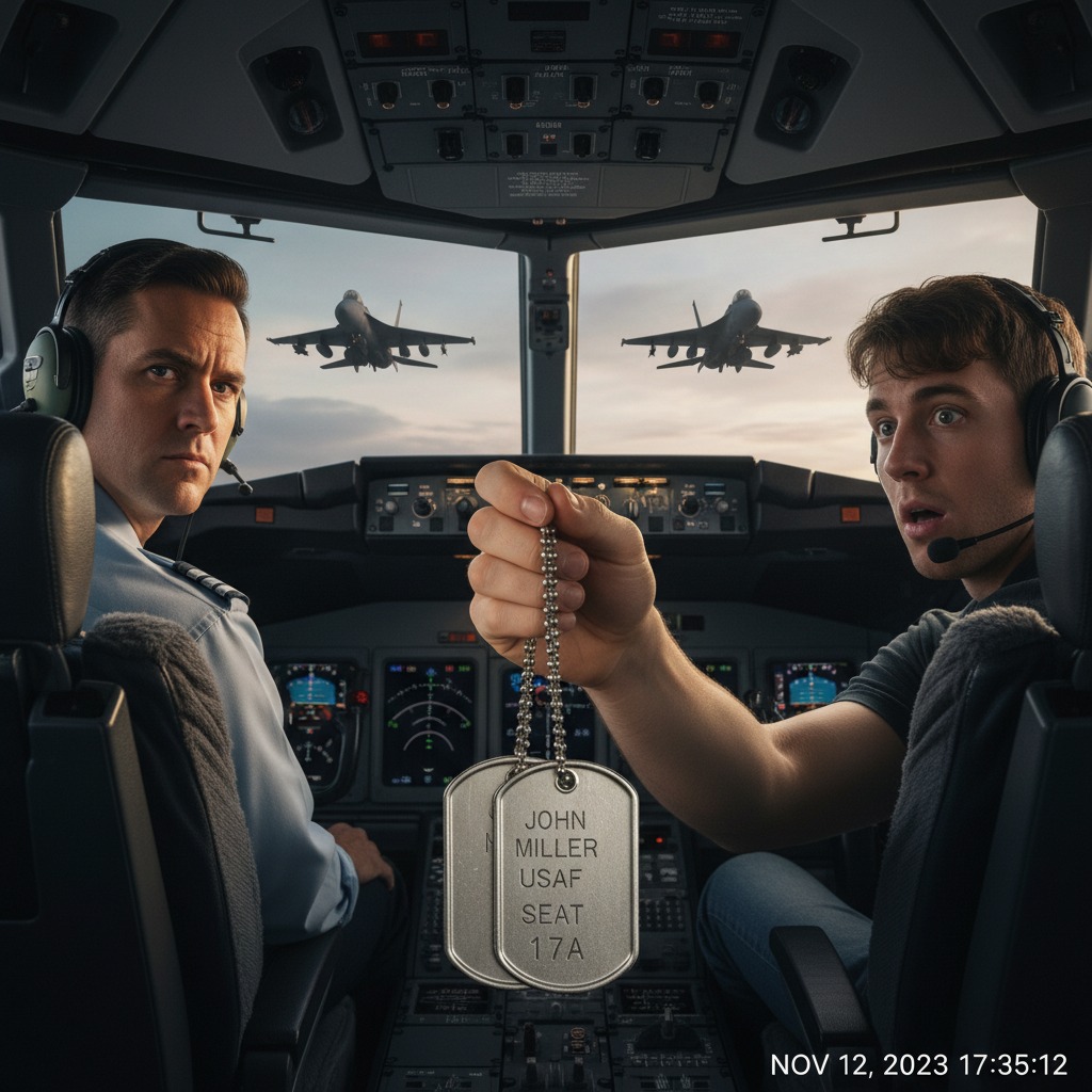 I Was Sitting In Seat 17a When Two Fighter Jets Suddenly Flanked Our Plane. The Flight Attendant Demanded To Know Who I Really Was And Why They Were Here. Then, She Saw My Father’s Dog Tags And Her Face Turned Pale.