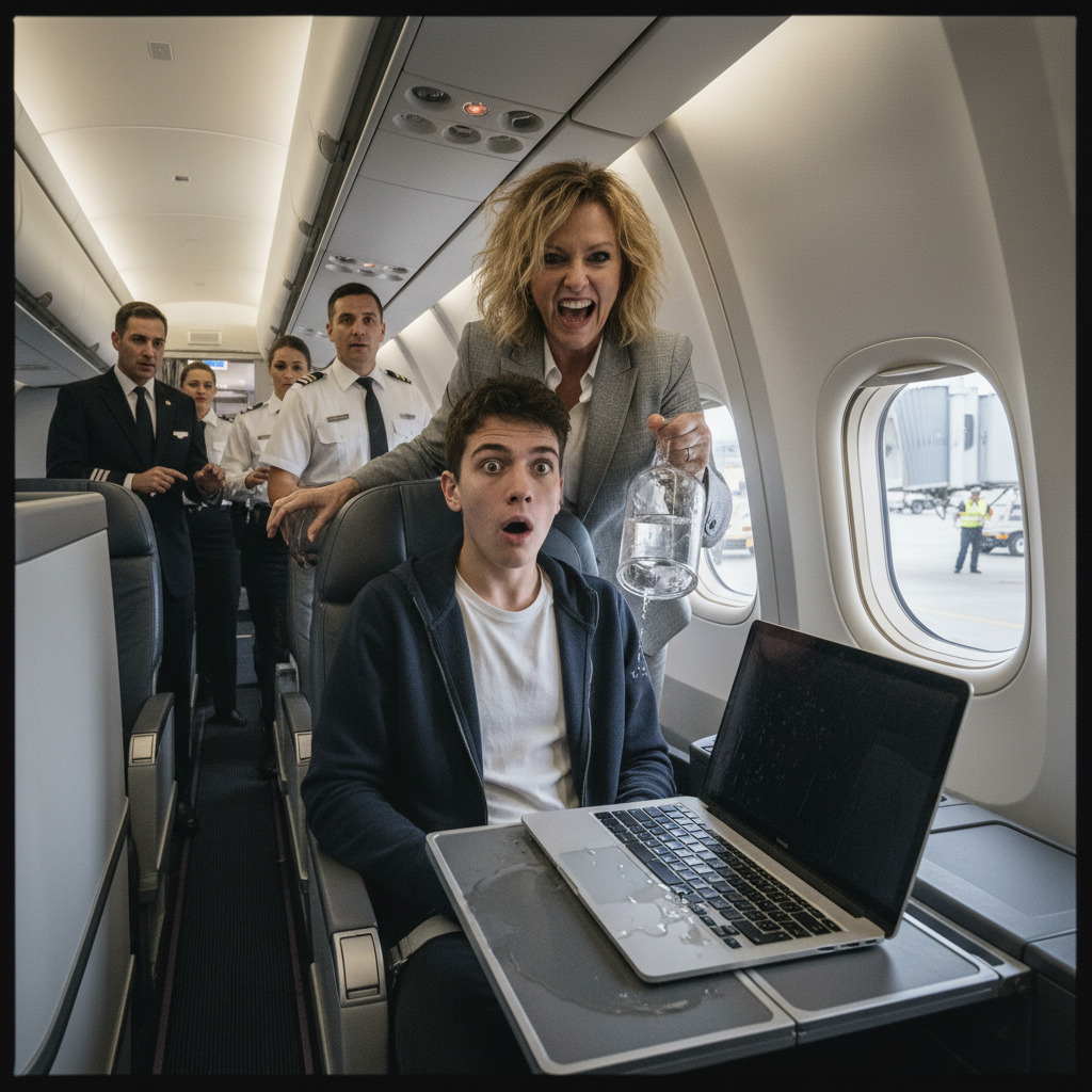 I’m 19 And Sitting In First Class When A Woman Pours Water On My Laptop And Calls Me A Thief. She Laughs As The Pilot Turns The Plane Back To The Gate. She Thinks I’m Getting Kicked Off, But Then The Police Walk In.