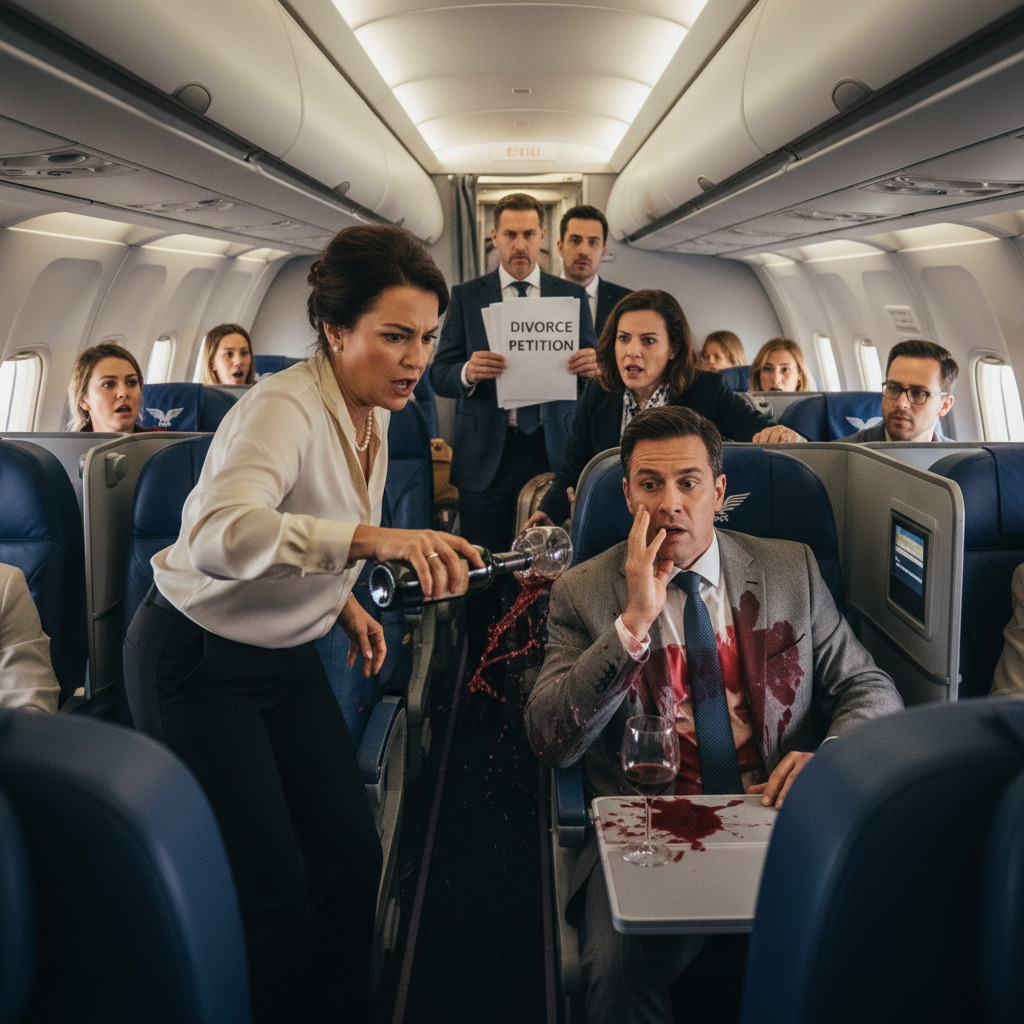 I Poured Red Wine On A Man In First Class Because He Dared To Sit Next To Me. I Told Him My Husband Owns A Logistics Empire And Could Have Him Arrested Easily. When We Landed, My Husband Was Waiting With Divorce Papers And A Man I Didn’t Recognize.